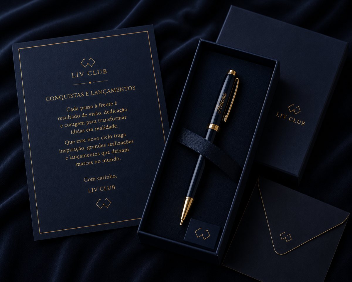 Papelaria de marca LIV CLUB — caneta e identidade visual